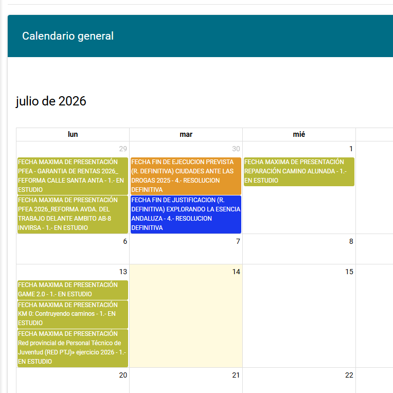 Todos los plazos de subvenciones controlados Calendario Inteligente Expedientia